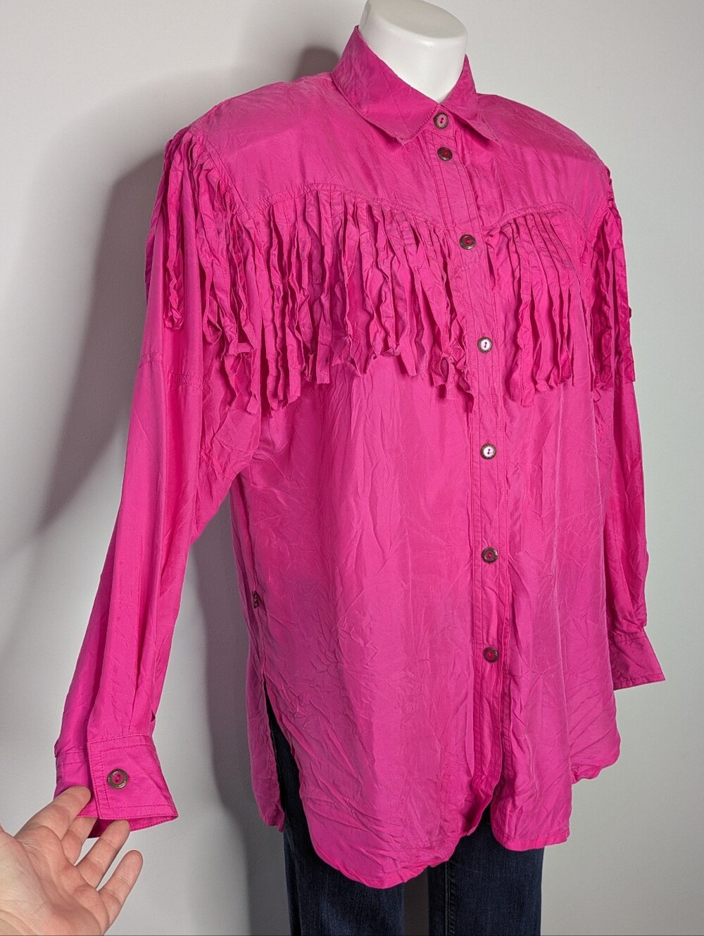 Vintage Palmer Pink Fringe Long Sleeve Silk Button Up M - Picture 2 of 8